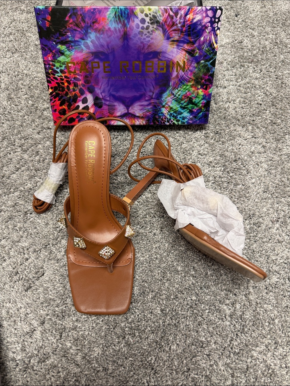 Cape Robbin Tan Lace-Up Embellished Square-Toe Sandals
